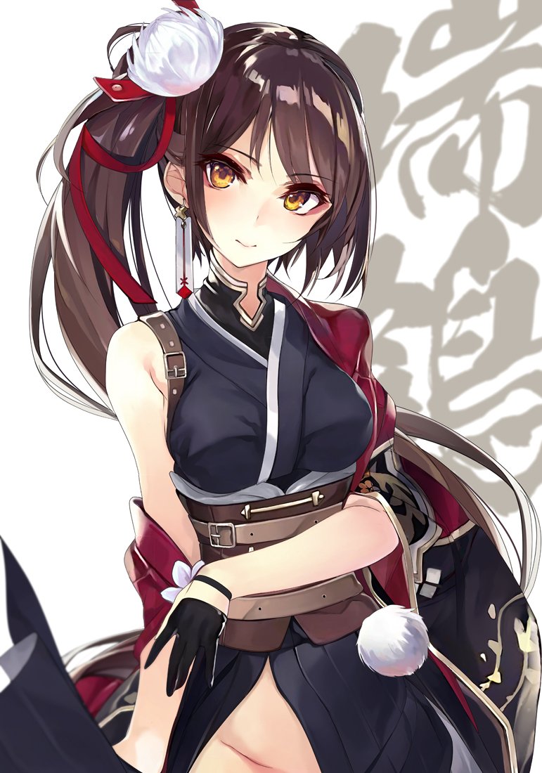 1girl alternate_costume arm_across_waist azur_lane bangs bare_shoulders belt black_gloves black_kimono blush breasts brown_hair closed_mouth cowboy_shot detached_sleeves earrings eyebrows_visible_through_hair flower gloves groin hair_flower hair_ornament half_gloves japanese_clothes jewelry kimono large_breasts long_hair looking_at_viewer multiple_belts ponytail shirokitsune sidelocks sleeveless smile solo standing very_long_hair zuikaku_(azur_lane)