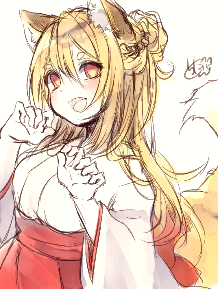 1girl :d animal_ear_fluff animal_ears bangs blonde_hair blush braid breasts chita_(ketchup) claw_pose eyebrows_visible_through_hair fox_ears fox_girl fox_tail hair_between_eyes hands_up japanese_clothes kimono long_hair long_sleeves looking_at_viewer medium_breasts open_mouth original pleated_skirt red_eyes red_skirt short_eyebrows signature simple_background sketch skirt smile solo tail thick_eyebrows very_long_hair white_background white_kimono wide_sleeves