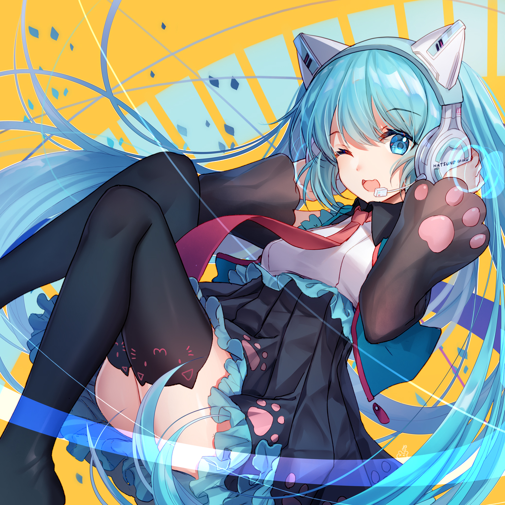 1girl axent_wear bison_cangshu black_legwear blue_eyes blue_hair cat_ear_headphones detached_sleeves eyebrows_visible_through_hair hands_on_headphones hatsune_miku headphones long_hair looking_at_viewer necktie one_eye_closed open_mouth paw_print_pattern skirt solo thigh-highs twintails very_long_hair vocaloid yellow_background