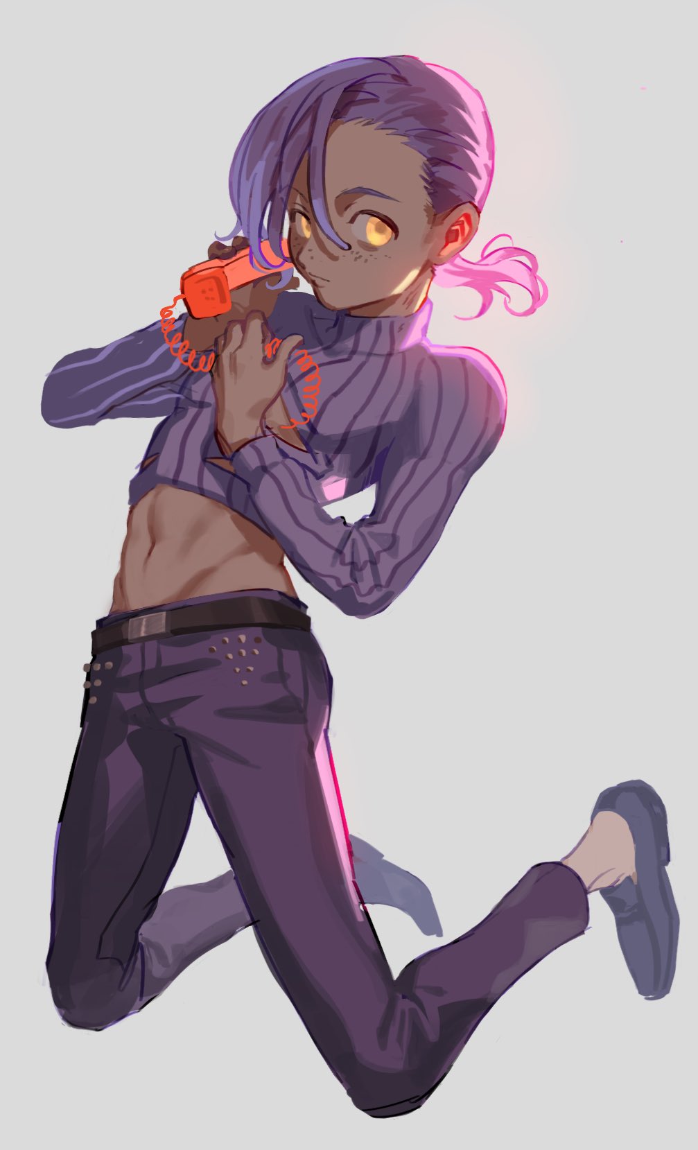 1boy belt brown_eyes cleavage_cutout clothing_cutout freckles groin hands_up highres holding holding_phone jojo_no_kimyou_na_bouken kneeling long_hair long_sleeves looking_at_viewer male_focus meipu_hm midriff navel pants pectoral_cleavage pectorals phone pink_hair purple_footwear purple_pants purple_sweater ribbed_sweater shoes solo sweater toned toned_male turtleneck turtleneck_sweater vento_aureo vinegar_doppio