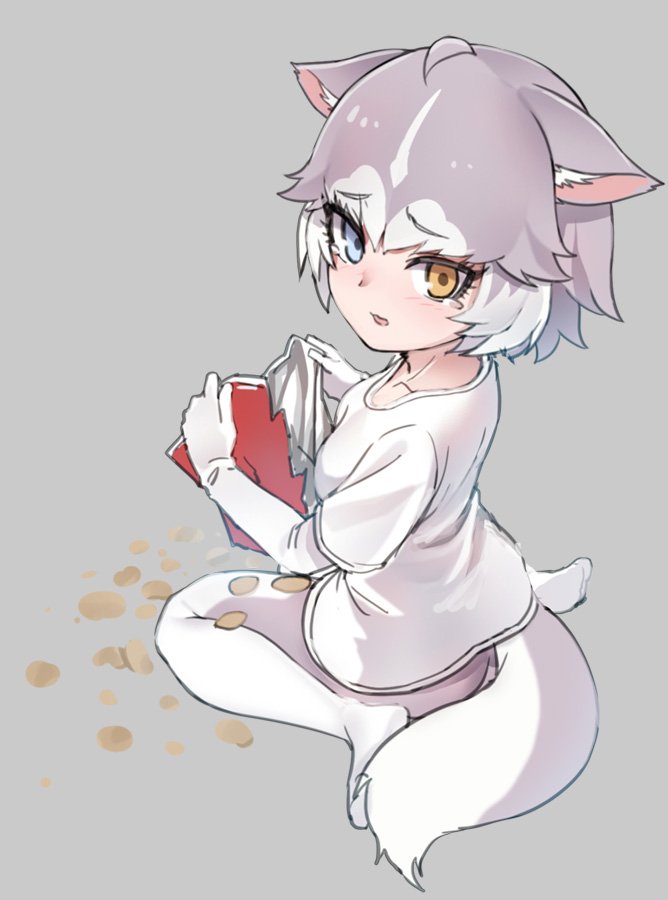 1girl adapted_costume animal_ears blue_eyes blush casual chips dog_(mixed_breed)_(kemono_friends) dog_ears dog_tail ears_down elbow_gloves eyebrows_visible_through_hair food gloves grey_hair grey_legwear heterochromia kemono_friends looking_at_viewer multicolored multicolored_clothes multicolored_hair multicolored_legwear nyifu pantyhose shirt short_hair short_sleeves sitting solo t-shirt tail tearing_up wariza white_gloves white_hair white_legwear white_shirt yellow_eyes
