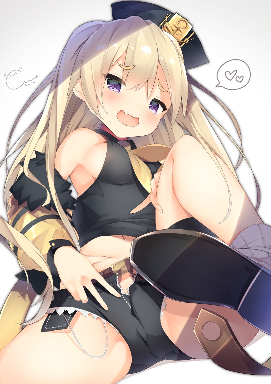 1girl anchor azur_lane bache_(azur_lane) bare_shoulders belt belt_buckle black_footwear black_headwear black_shirt black_shorts breasts brown_belt brown_neckwear brown_sleeves buckle cisyo commentary_request dated detached_sleeves fur-trimmed_sleeves fur_trim gradient gradient_background grey_background heart highres light_brown_hair long_hair long_sleeves medium_breasts midriff navel neckerchief open_clothes open_fly open_shorts puffy_long_sleeves puffy_sleeves ribbed_legwear shirt shoe_soles shoes shorts signature sleeveless sleeveless_shirt socks solo spoken_heart very_long_hair white_background white_legwear