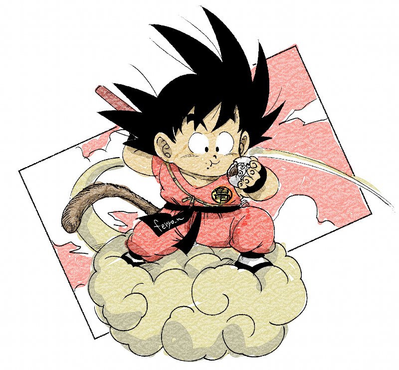 1boy arm_behind_back artist_name black_eyes black_footwear black_hair chewing clothes_writing clouds cloudy_sky commentary_request dougi dragon_ball dragon_ball_(classic) eating fenyon fingernails floating_hair flying flying_nimbus food food_on_face full_body happy holding holding_food holding_weapon legs_apart male_focus monkey_tail nyoibo puffy_cheeks sky smile son_gokuu spiky_hair standing tail weapon wristband