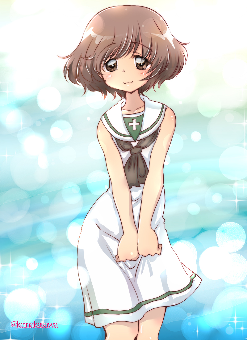 1girl :3 adapted_uniform akiyama_yukari backlighting bangs black_neckwear blurry bokeh brown_eyes brown_hair closed_mouth commentary depth_of_field dress eyebrows_visible_through_hair girls_und_panzer light_blush looking_at_viewer medium_dress messy_hair nakasawa_kei neckerchief ooarai_school_uniform sailor_dress school_uniform short_hair sleeveless sleeveless_dress smile solo sparkle standing twitter_username white_dress