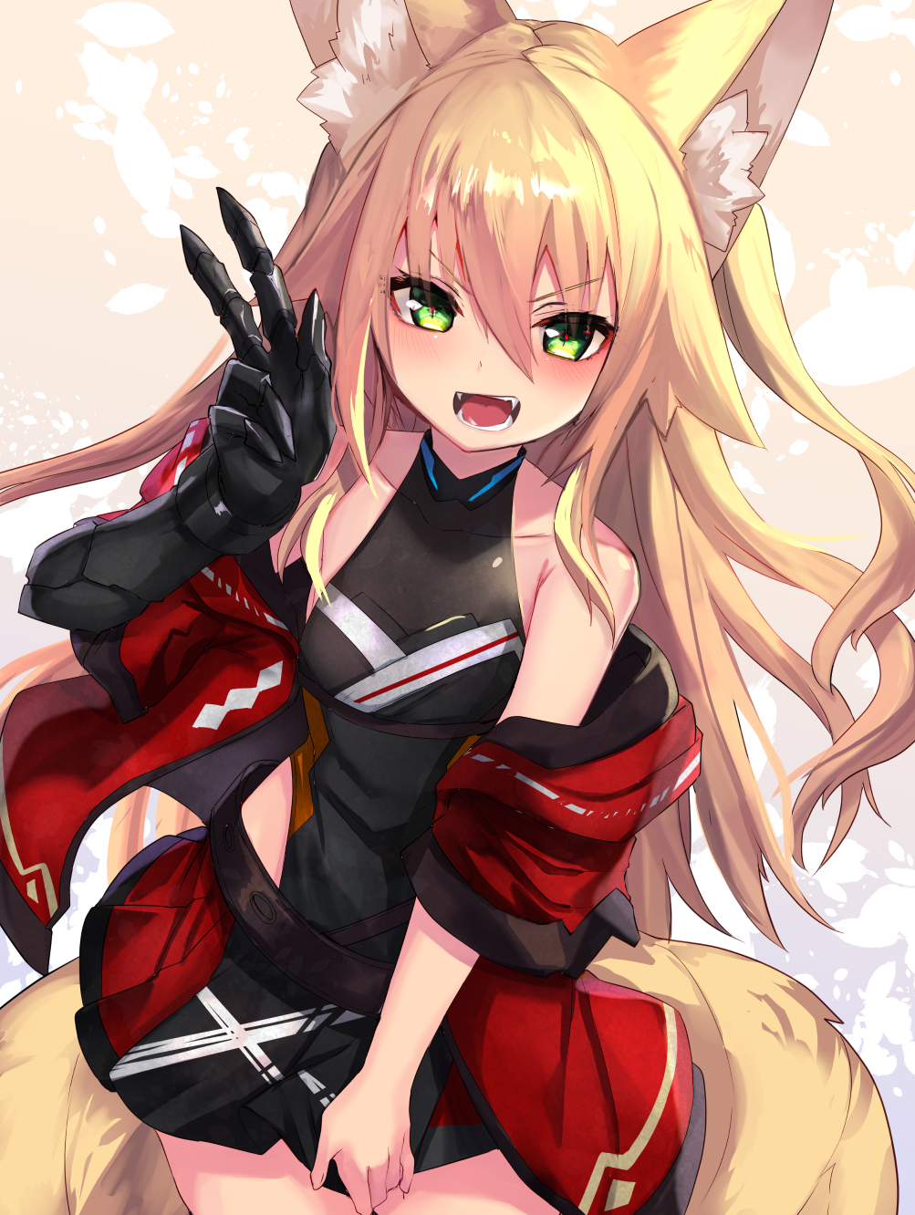 1girl :d animal_ear_fluff animal_ears bangs bare_shoulders black_gloves black_leotard blonde_hair blush breasts collarbone commentary_request elbow_gloves eyebrows_visible_through_hair fangs fox_ears fox_girl fox_tail gloves green_eyes haik hair_between_eyes highres jacket kitsune kokonoe_tsubaki leotard long_hair looking_at_viewer multiple_tails off_shoulder open_clothes open_jacket open_mouth original red_jacket red_skirt single_glove skirt small_breasts smile solo tail two_side_up v v-shaped_eyebrows very_long_hair