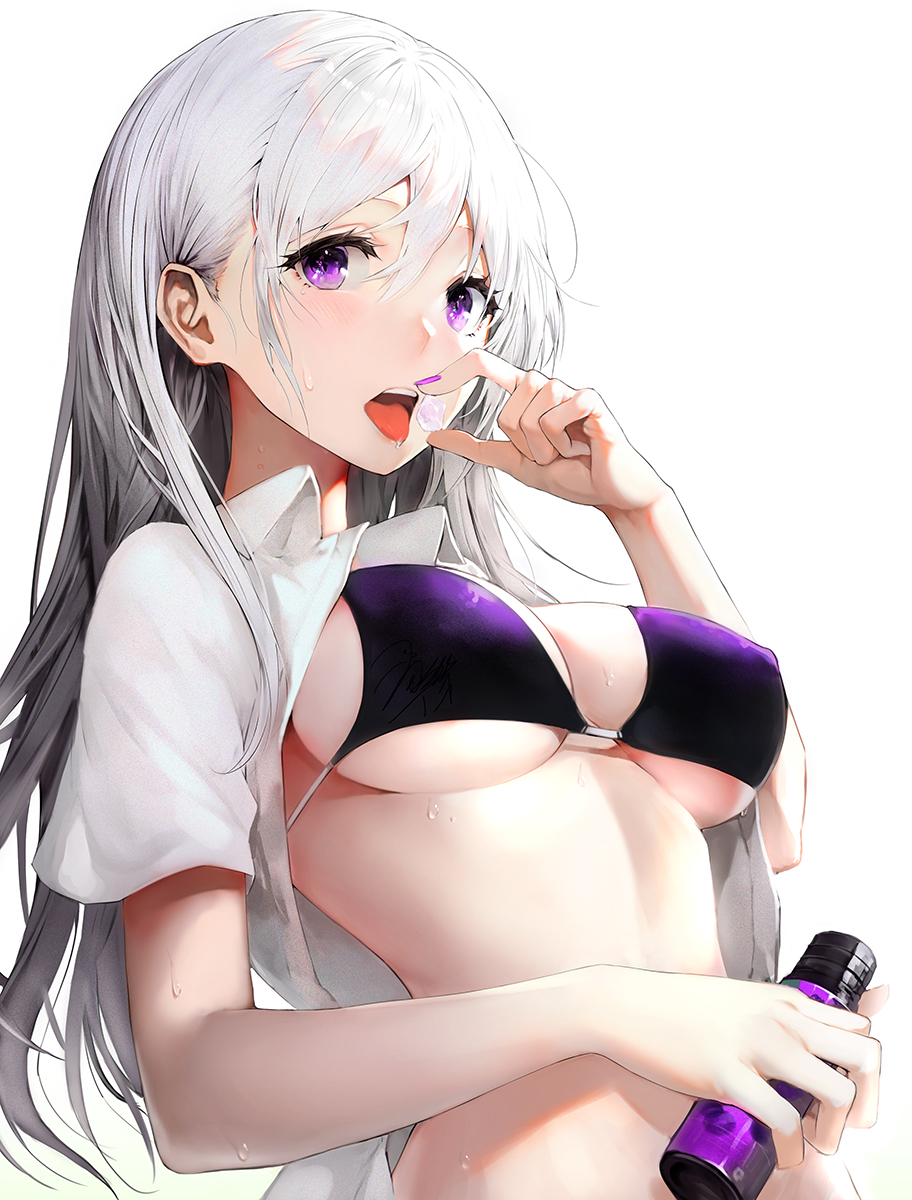 1girl bottle bra breasts dress_shirt hand_up haori_iori highres holding holding_bottle large_breasts long_hair looking_at_viewer nail_polish open_clothes open_mouth open_shirt original purple_bra purple_nails shirt short_sleeves solo stomach tongue tongue_out underwear upper_body violet_eyes white_hair white_shirt wing_collar