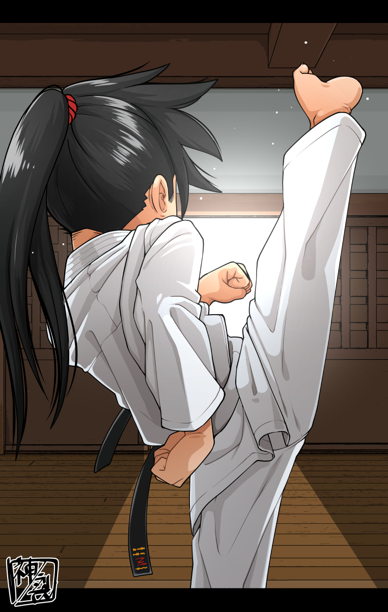 1boy axe_kick black_hair dougi fighting_stance flexible from_behind high_kick highres kaminosaki1 karate karate_gi kicking long_hair male_focus martial_arts original ponytail solo split standing standing_on_one_leg standing_split