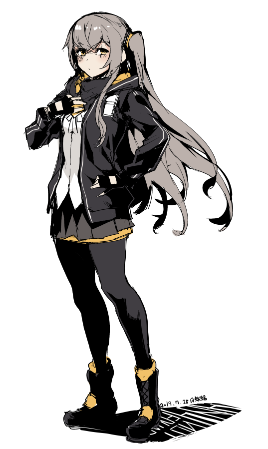 1girl bangs black_gloves black_jacket black_legwear blush boots breasts brown_eyes closed_mouth fingerless_gloves full_body girls_frontline gloves grey_hair grey_skirt hair_between_eyes hood hooded_jacket jacket long_hair looking_at_viewer one_side_up pantyhose scar scar_across_eye shirt simple_background skirt small_breasts solo tsuki_tokage ump45_(girls_frontline) white_background white_shirt