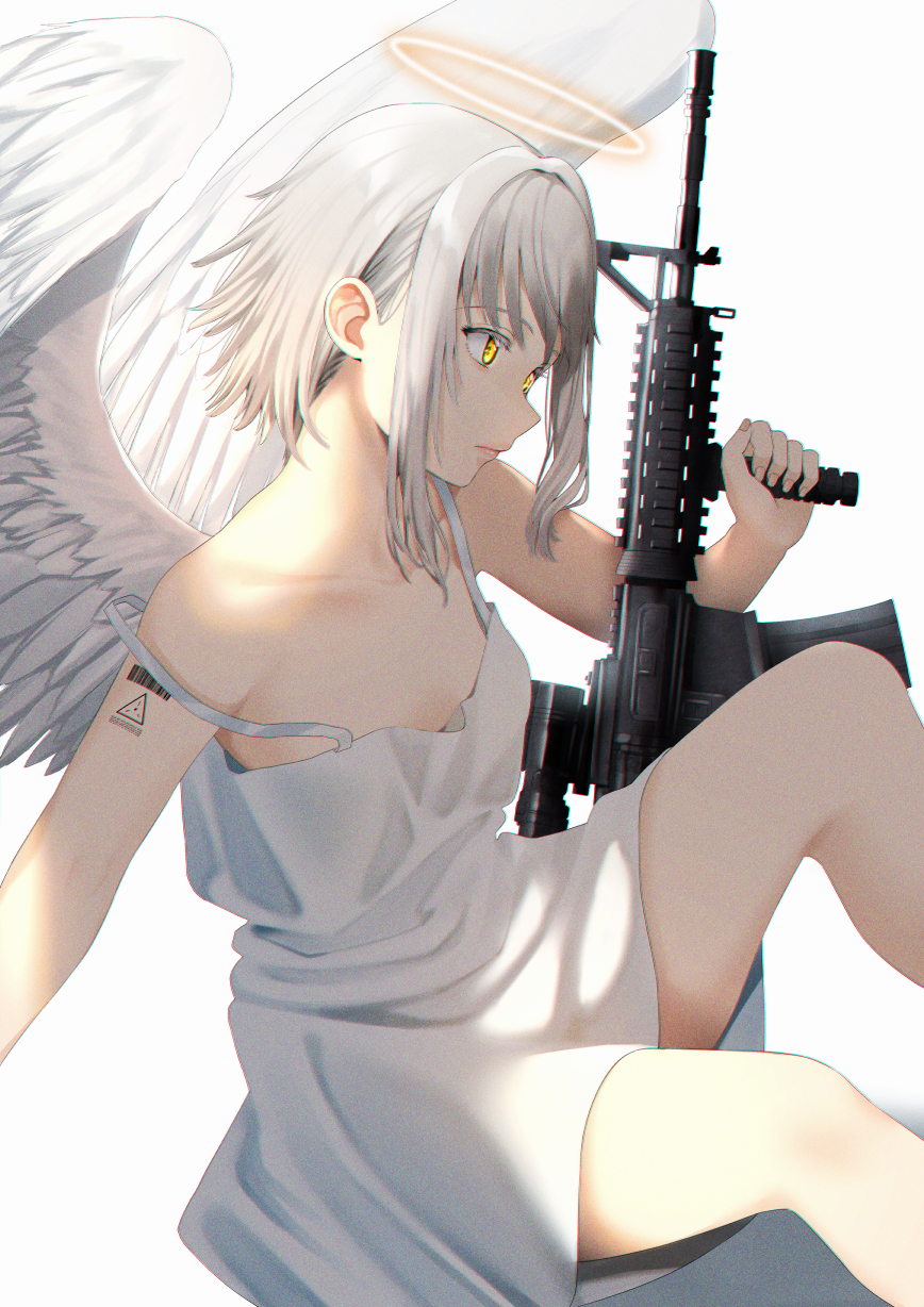 1girl angel angel_wings bangs barcode_tattoo bare_shoulders commentary dress english_commentary eyebrows_visible_through_hair feathered_wings grey_hair gun halo highres holding holding_gun holding_weapon looking_away original redlammy sidelocks sitting sleeveless sleeveless_dress solo strap_slip tattoo weapon weapon_request white_background white_dress white_wings wings yellow_eyes