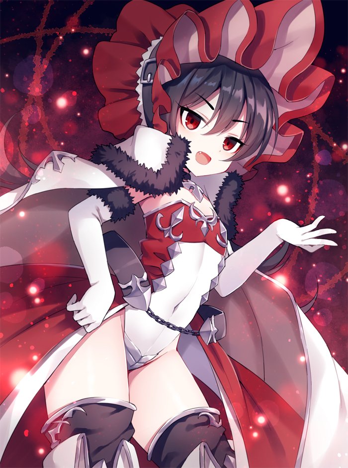 1girl :d bangs black_hair black_legwear blush cape commentary_request covered_navel elbow_gloves eyebrows_visible_through_hair fang fur-trimmed_cape fur-trimmed_gloves fur_trim gloves groin hair_between_eyes hand_up ilya_ornstein leotard looking_at_viewer mauve open_mouth princess_connect! princess_connect!_re:dive red_eyes smile solo strapless strapless_leotard thigh-highs v-shaped_eyebrows white_cape white_gloves white_leotard