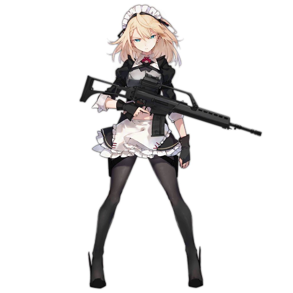 1girl apron arm_strap assault_rifle bangs black_footwear black_gloves black_legwear blonde_hair blue_eyes braid breastplate breasts character_name collared_shirt cropped_jacket fingerless_gloves french_braid full_body g36_(girls_frontline) gesugao girls_frontline glaring gloves gun h&amp;k_g36 head_tilt heckler_&amp;_koch high_heels holding juliet_sleeves long_sleeves looking_at_viewer maid maid_apron maid_headdress medium_breasts medium_hair midriff mod3_(girls_frontline) navel neck_ribbon official_art pantyhose puffy_sleeves red_ribbon ribbon rifle shirt shuzi sidelocks skirt sleeve_cuffs sleeves_folded_up solo thigh_strap transparent_background trigger_discipline tsurime waist_apron weapon wing_collar