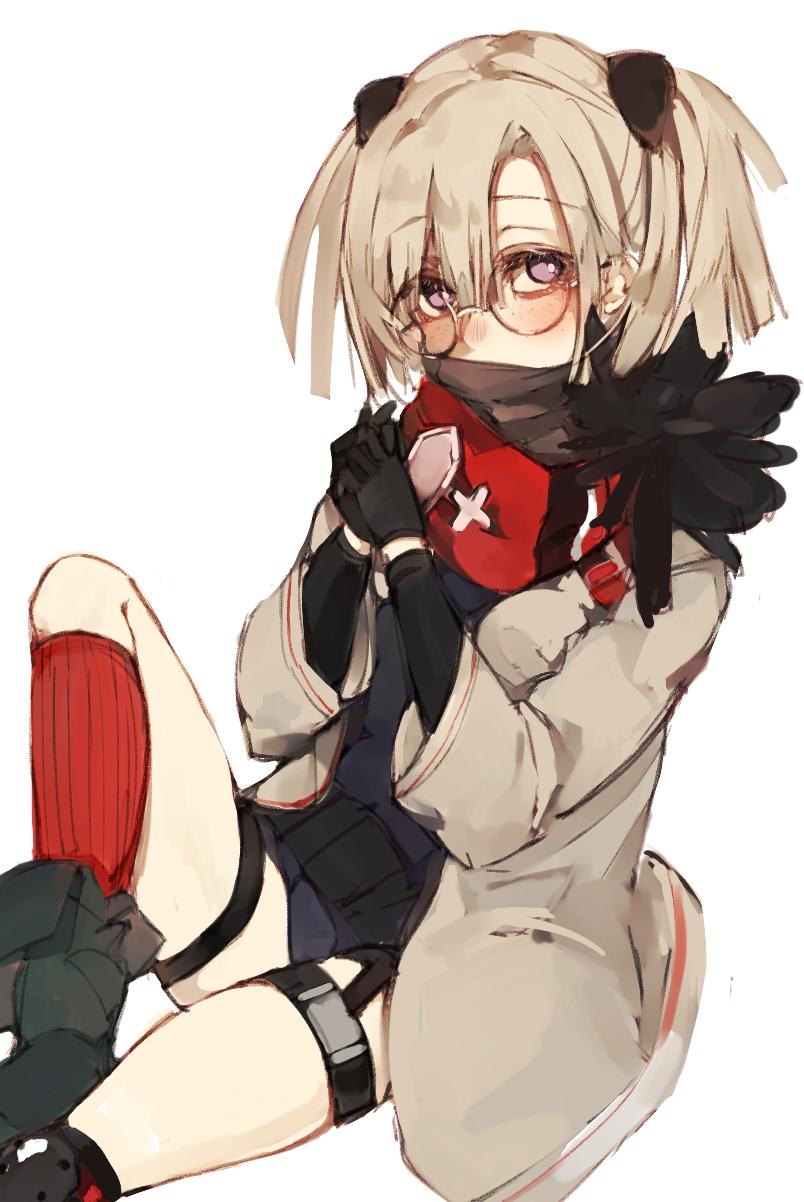 1girl belt black_gloves black_leotard boots brown_coat brown_hair coat girls_frontline glasses gloves hair_ornament highres hk21_(girls_frontline) ki_lllorz knee_up kneehighs leotard long_hair long_sleeves looking_at_viewer open_clothes open_coat red_legwear round_eyewear simple_background solo thigh_strap thighs twintails violet_eyes white_background