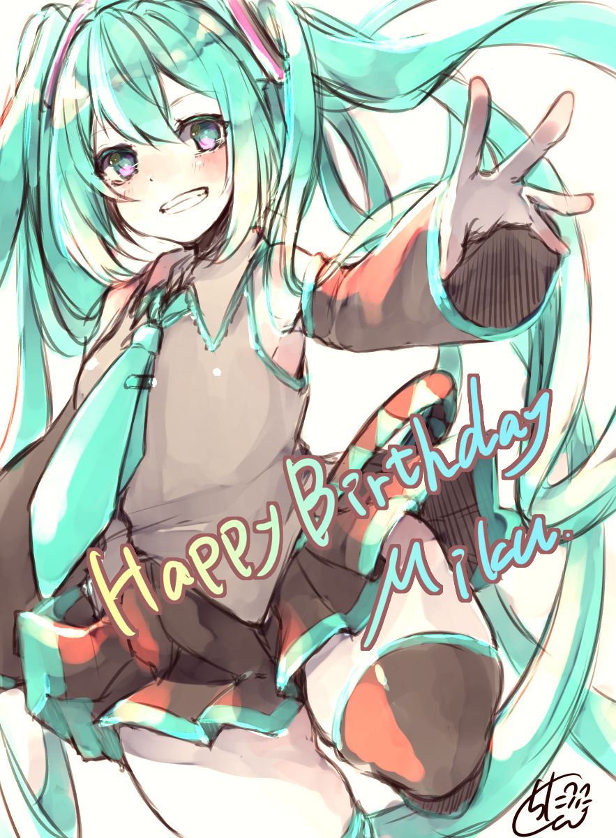 1girl bangs bare_shoulders black_legwear black_skirt black_sleeves breasts character_name chita_(ketchup) collared_shirt commentary_request eyebrows_visible_through_hair green_eyes green_hair green_neckwear grey_shirt hair_between_eyes hair_ornament happy_birthday hatsune_miku highres long_hair long_sleeves multicolored multicolored_eyes necktie outstretched_arm pink_eyes pleated_skirt shirt signature simple_background skirt sleeveless sleeveless_shirt sleeves_past_wrists small_breasts solo standing standing_on_one_leg thigh-highs twintails very_long_hair vocaloid white_background