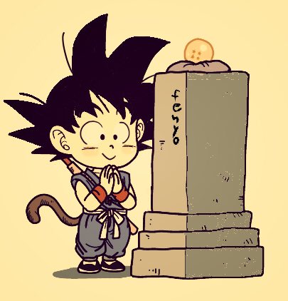 1boy :&gt; artist_name beige_background black_eyes black_footwear black_hair blush chibi commentary_request dougi dragon_ball dragon_ball_(classic) dragon_ball_(object) fenyon full_body hands_together happy lowres male_focus monkey_tail nyoibo praying shadow simple_background smile son_gokuu spiky_hair standing tail tombstone wristband