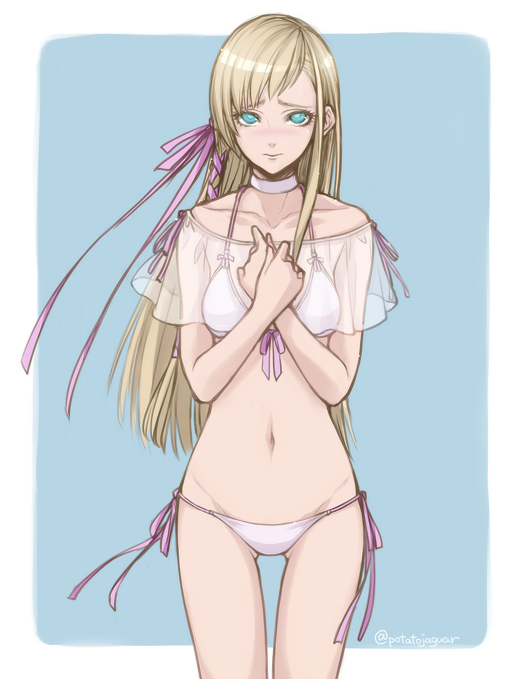 1girl 3: alternate_costume bangs bikini blonde_hair blue_eyes breasts choker closed_mouth collarbone final_fantasy final_fantasy_xiv front-tie_bikini front-tie_top furrowed_eyebrows groin hair_ribbon hands_up highres hyur kininaljaguar long_hair minfilia_warde navel pink_ribbon ribbon see-through side-tie_bikini small_breasts solo straight_hair swimsuit twitter_username very_long_hair white_bikini white_choker