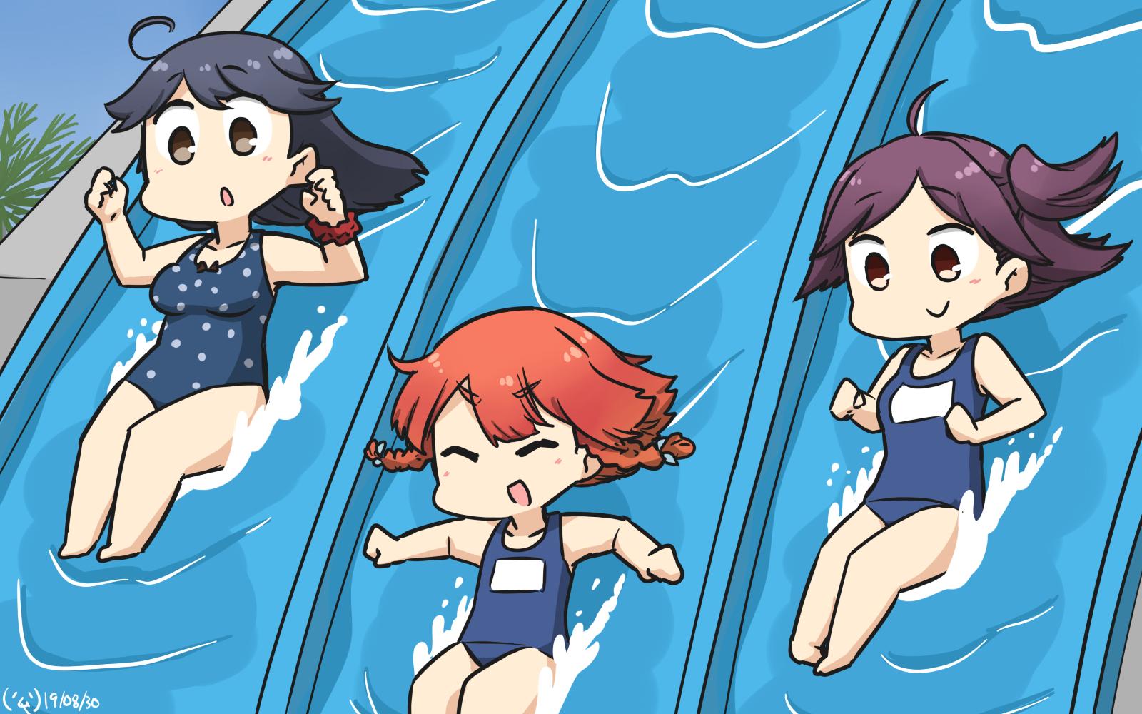 3girls ahoge black_hair blue_swimsuit bob_cut braid brown_eyes casual_one-piece_swimsuit closed_eyes commentary_request dated etorofu_(kantai_collection) eyebrows_visible_through_hair hagikaze_(kantai_collection) hamu_koutarou highres kantai_collection long_hair multiple_girls name_tag one-piece_swimsuit one_side_up open_mouth polka_dot polka_dot_swimsuit purple_hair red_scrunchie redhead school_swimsuit scrunchie side_braid sliding smile swimsuit thick_eyebrows twin_braids ushio_(kantai_collection) water_slide wrist_scrunchie