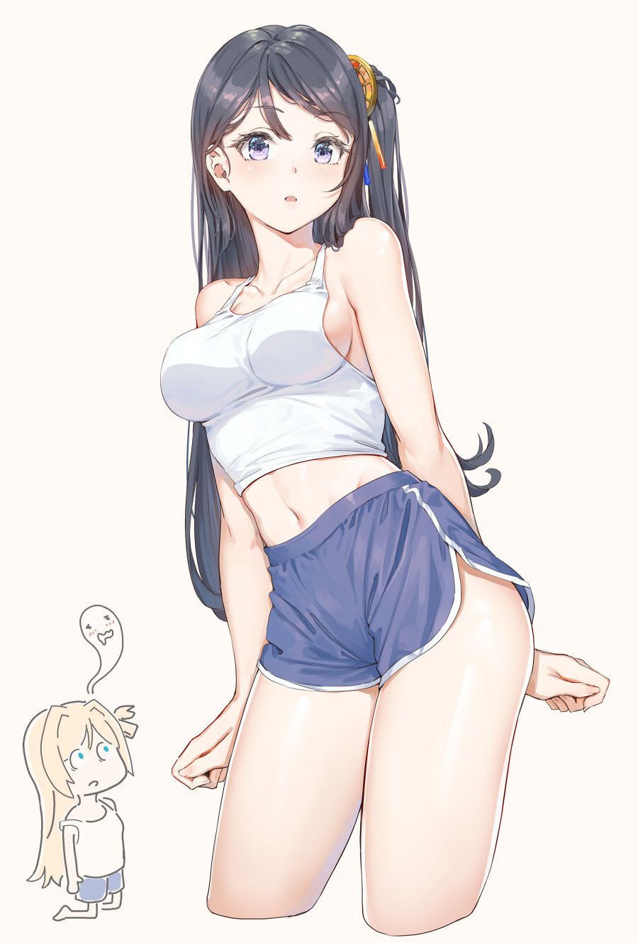 2girls bare_arms bare_shoulders black_hair blonde_hair blue_eyes blue_shorts boyshorts breasts camisole collarbone commentary_request cropped_legs emilia_(krt_girls) fangxiang_cuoluan giving_up_the_ghost hair_ornament highres krt_girls lever long_hair looking_at_viewer medium_breasts midriff multiple_girls navel one_side_up parted_lips shirt short_shorts shorts simple_background sleeveless sleeveless_shirt thighs violet_eyes white_background white_shirt xiao_qiong