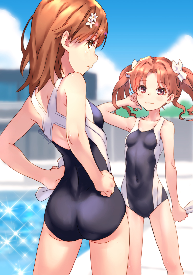2girls :3 ass bangs bare_arms bare_shoulders black_swimsuit blue_sky blurry blurry_background blush bow breasts brown_hair closed_mouth clouds collarbone commentary_request day depth_of_field eyebrows_visible_through_hair hair_bow hand_up hands_on_hips misaka_mikoto multiple_girls one-piece_swimsuit outdoors parted_bangs raika9 red_eyes shirai_kuroko sky small_breasts swimsuit to_aru_kagaku_no_railgun to_aru_majutsu_no_index twintails water white_bow