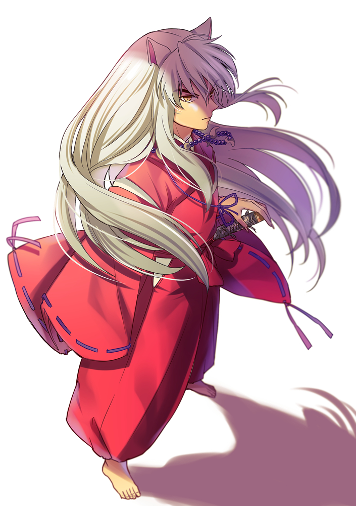 1boy animal_ears barefoot closed_mouth eyebrows_visible_through_hair floating_hair fox_ears from_above full_body hair_between_eyes hand_on_hilt inuyasha inuyasha_(character) japanese_clothes jewelry kimono long_hair long_sleeves magatama male_focus motobi_(mtb_umk) necklace pants purple_ribbon red_kimono red_pants ribbon ribbon-trimmed_sleeves ribbon_trim sheath sheathed silver_hair simple_background slit_pupils solo standing sword very_long_hair weapon white_background yellow_eyes