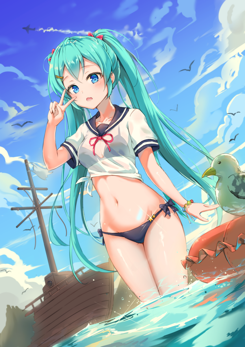 1girl aircraft airplane aqua_hair bikini bird black_bikini blue_eyes boat bracelet breasts clouds condensation_trail dutch_angle groin hatsune_miku heartsix highres innertube jewelry long_hair looking_at_viewer navel open_mouth outdoors partially_submerged sailor_collar see-through shipwreck sky small_breasts solo swimsuit swimsuit_under_clothes twintails v very_long_hair vocaloid wading watercraft