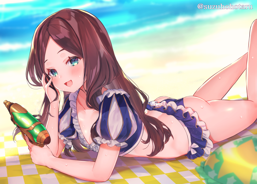 1girl :d ass bangs beach bikini blue_bikini blurry blurry_background brown_hair checkered collarbone commentary_request day depth_of_field fate/grand_order fate_(series) forehead green_eyes holding innertube legs_up leonardo_da_vinci_(fate/grand_order) long_hair lying on_stomach open_mouth outdoors parted_bangs puff_and_slash_sleeves puffy_short_sleeves puffy_sleeves sand short_sleeves smile solo star suzuho_hotaru swimsuit twitter_username very_long_hair water water_gun wet