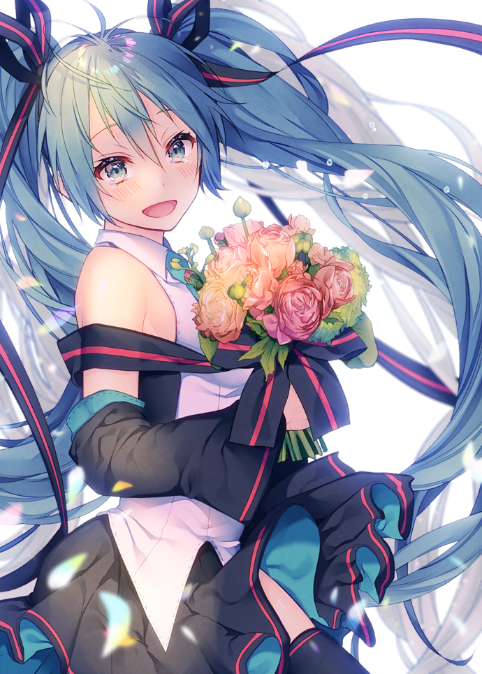 1girl :d bangs bare_shoulders black_legwear black_skirt black_sleeves blue_neckwear blush bouquet collared_shirt commentary_request detached_sleeves eyebrows_visible_through_hair flower green_eyes green_hair hair_between_eyes hatsune_miku holding holding_bouquet long_hair long_sleeves necktie open_mouth pink_flower pink_rose pleated_skirt rose shiomizu_(swat) shirt skirt sleeveless sleeveless_shirt smile solo tears thigh-highs twintails very_long_hair vocaloid white_background white_shirt wide_sleeves