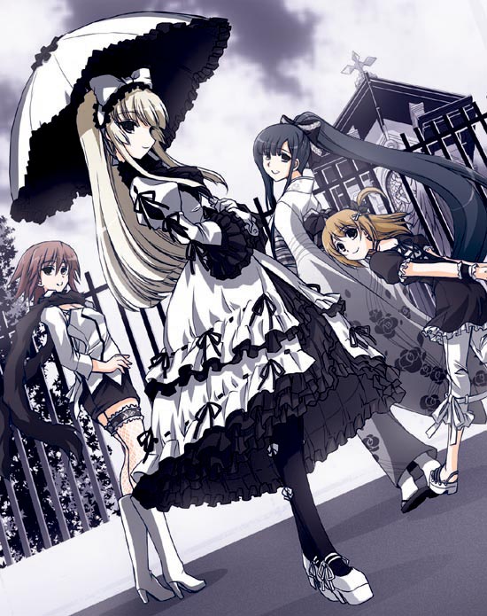 aihara_makino alice_quartet black_&amp;_white black_hair black_vs_white blonde_hair blue_eyes boots bow brown_eyes brown_hair capri_pants capris church dress dutch_angle fence frills fujieda_miyabi gathers gothic_lolita hair_bow hair_ornament hairclip japanese_clothes kimono knee_boots kusunose_fumi legs lolita_fashion multiple_girls orikura_suika partially_colored ponytail purple_eyes red_hair redhead ruffles scarf towada_yuuki umbrella violet_eyes