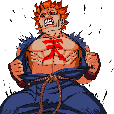 akuma body_writing capcom gouki heaven_(kanji) lowres male open_clothes open_shirt red_eyes shirt solo street_fighter teeth torn_clothes ug white_background
