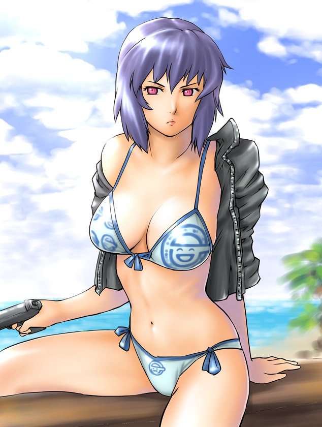 bikini breasts cleavage cloud front-tie_top ghost_in_the_shell ghost_in_the_shell_stand_alone_complex gun handgun jacket kusanagi_motoko laughing_man logo off_shoulder open_clothes open_jacket pink_eyes purple_hair short_hair side-tie_bikini sitting sky solo swimsuit ueyama_michirou water weapon