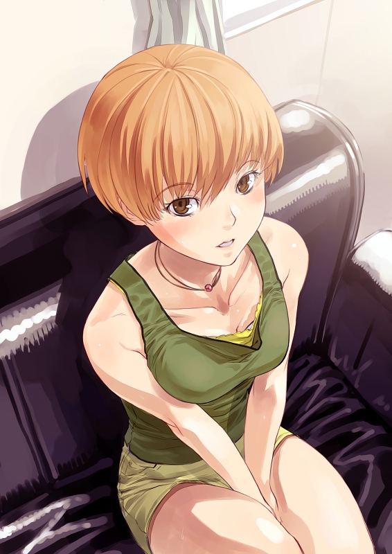 bare_shoulders between_thighs blush brown_eyes brown_hair couch curtains from_above jewelry necklace persona persona_4 satonaka_chie shimotsuki_eight short_hair shorts sitting solo sweat tank_top v_arms window