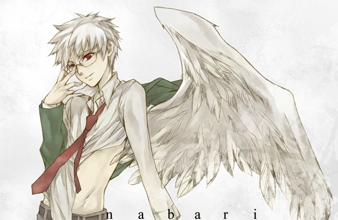 bad_id glasses male nabari_no_ou red_eyes school_uniform white_hair wings yue_(pixiv)