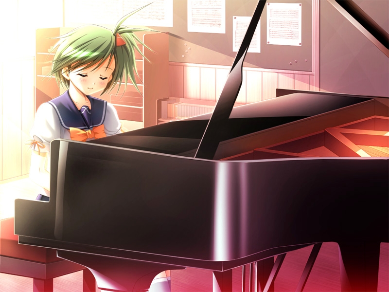 blush closed_eyes game_cg grand_piano green_hair instrument piano piano_bench school_uniform serafuku side_ponytail yotsunoha