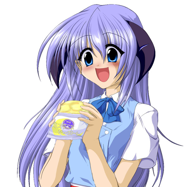 blush bread food hanyuu higurashi_no_naku_koro_ni horns melon_bread meronpan purple_hair ribbon ribbons vest