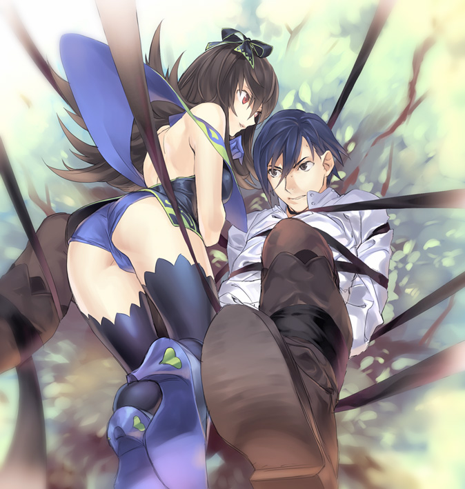 black_hair blue_hair bondage boots bow brown_hair character_request couple ginka_sima gloves hair_bow heart high_heels long_hair male nature original panties red_eyes ribbon shoes source_request thigh-highs thighhighs tied underwear