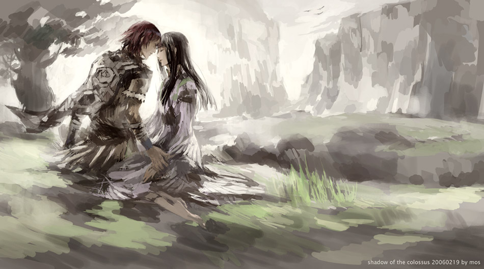 1girl armor barefoot bird black_hair closed_eyes couple dress feet holding_hands incipient_kiss kneeling long_hair mono mos nature red_hair scenery shadow_of_the_colossus short_hair sky surcoat tree wander wristband