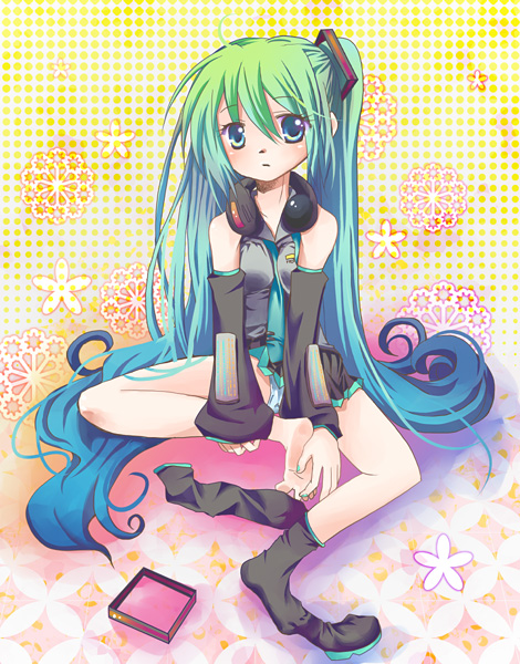 hatsune_miku headphones headphones_around_neck koike_amuko socks thighhighs vocaloid