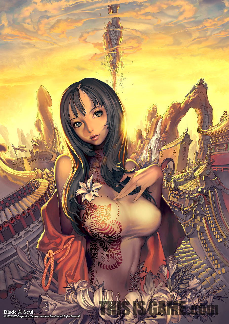 breasts brown_eyes brown_hair china_dress chinadress chinese_clothes cloud clouds flower highres huge_breasts hyung_tae_kim large_breasts long_hair sky sunset watermark