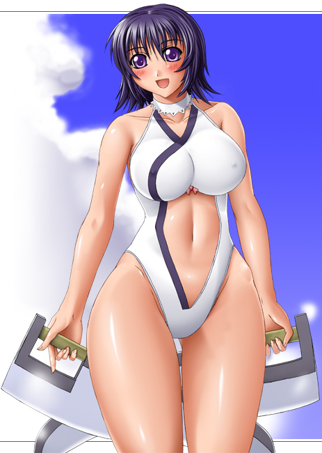 blue_eyes blush breasts cloud clouds curvy iroha navel samurai_spirits short_hair sky smile swimsuit thighs weapon white_swimsuit wide_hips