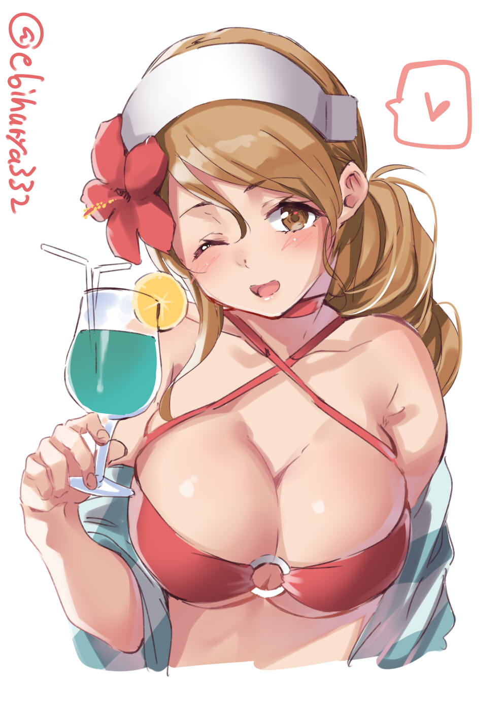 1girl bikini blush breasts brown_eyes brown_hair criss-cross_halter ebifurya eyebrows_visible_through_hair flower food fruit glass hair_between_eyes hair_flower hair_ornament halterneck heart hibiscus highres holding_drink kantai_collection large_breasts lemon lemon_slice littorio_(kantai_collection) long_hair o-ring o-ring_bikini off_shoulder one_eye_closed ponytail red_bikini simple_background solo spoken_heart swimsuit twitter_username upper_body wavy_hair white_background