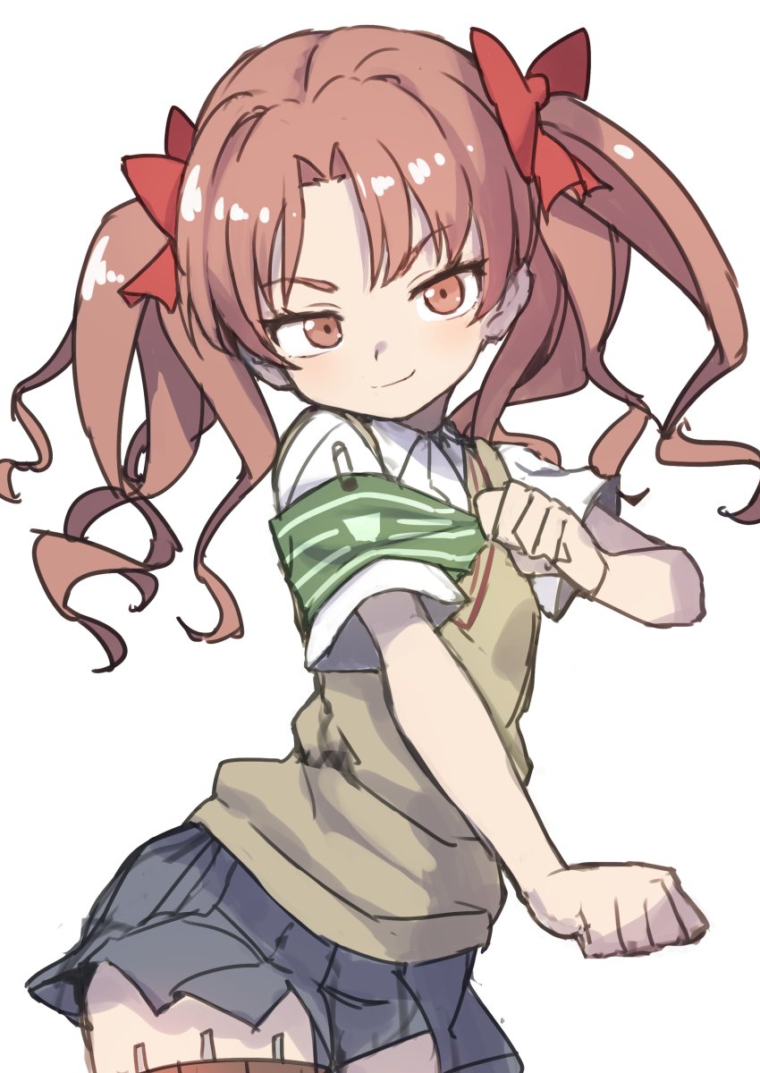 1girl armband bow brown_eyes brown_hair cowboy_shot gazacy_(dai) grey_skirt hair_bow highres long_hair looking_at_viewer pose red_bow safety_pin sakugawa_school_uniform school_uniform shirai_kuroko simple_background skirt solo sweater_vest thigh_strap to_aru_kagaku_no_railgun to_aru_majutsu_no_index tokiwadai_school_uniform twintails white_background