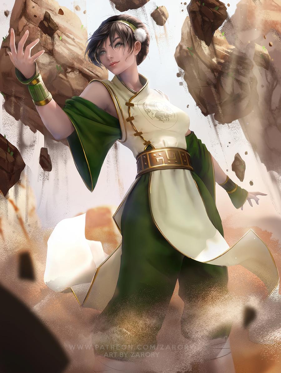1girl armpit_peek avatar:_the_last_airbender avatar_(series) black_hair blind bracer breasts chinese_clothes floating_rock grey_eyes hairband small_breasts solo tagme toph_bei_fong zarory