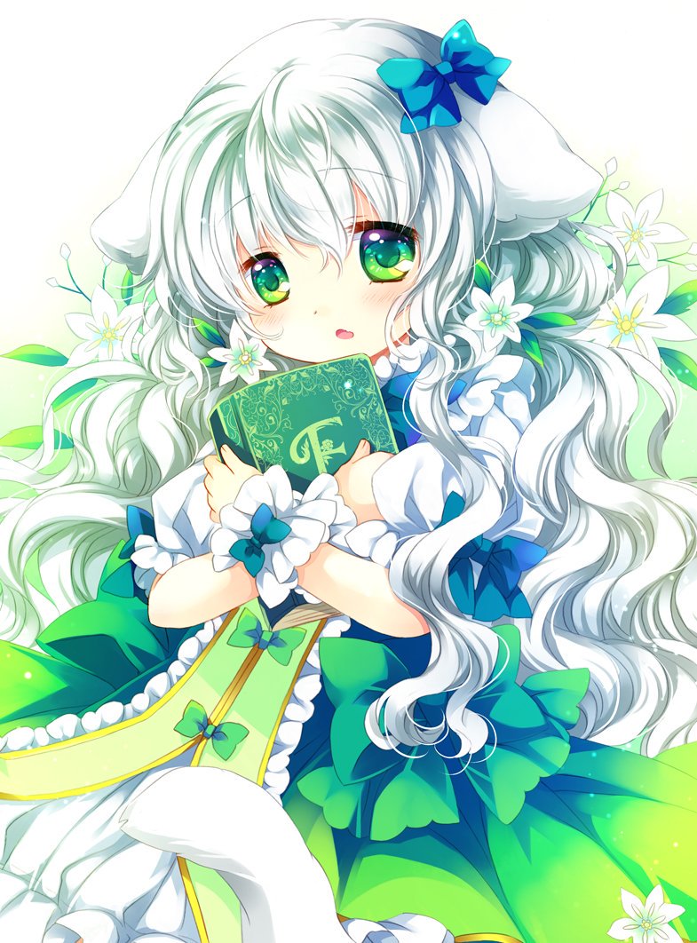 1girl animal_ears bangs blue_bow blush book bow commentary_request copyright_request dress eyebrows_visible_through_hair fang fingernails flower green_bow green_dress green_eyes hair_between_eyes hair_bow hair_flower hair_ornament long_hair looking_away object_hug parted_lips puffy_short_sleeves puffy_sleeves sakurazawa_izumi short_sleeves silver_hair solo tail very_long_hair wavy_hair white_flower wrist_cuffs