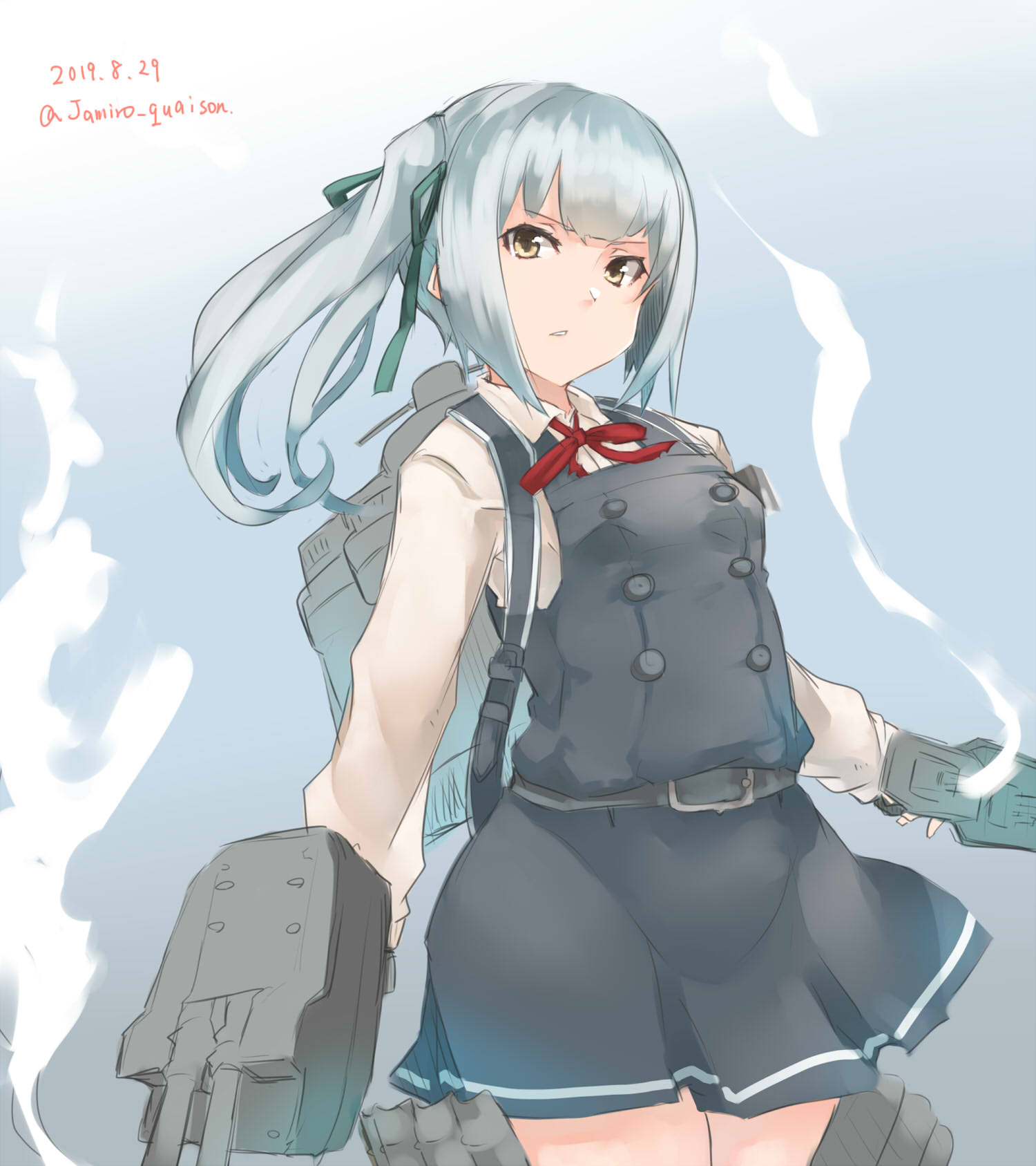 1girl adapted_turret belt black_ribbon brown_eyes cannon commentary_request dated dress grey_hair highres jamiro_quaison kantai_collection kasumi_(kantai_collection) long_hair long_sleeves machinery pinafore_dress red_ribbon remodel_(kantai_collection) ribbon shirt side_ponytail silver_hair solo turret twitter_username white_shirt