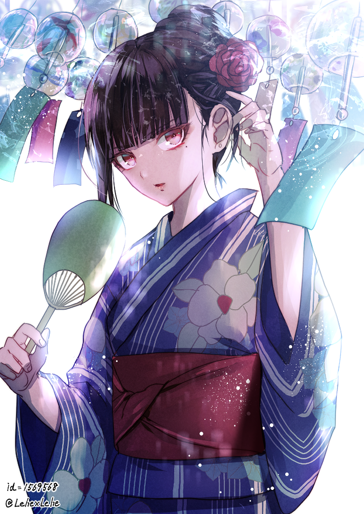 1girl alternate_costume alternate_hairstyle artist_name bangs black_hair blue_kimono commentary_request dangan_ronpa fan floral_print flower harukawa_maki holding japanese_clothes kimono long_sleeves looking_at_viewer mole mole_under_eye new_dangan_ronpa_v3 red_eyes red_flower red_lips red_rose rose short_hair simple_background solo white_background wide_sleeves z-epto_(chat-noir86)