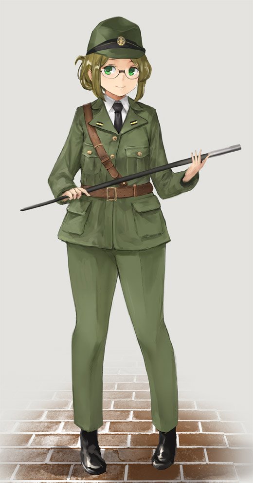 1girl alternate_costume bangs black_footwear black_neckwear breast_pocket brown_hair folded_ponytail full_body glasses green_eyes holding_stick imperial_japanese_navy kantai_collection katori_(kantai_collection) looking_at_viewer military military_uniform necktie parted_bangs pocket smile solo toka_(marchlizard) uniform