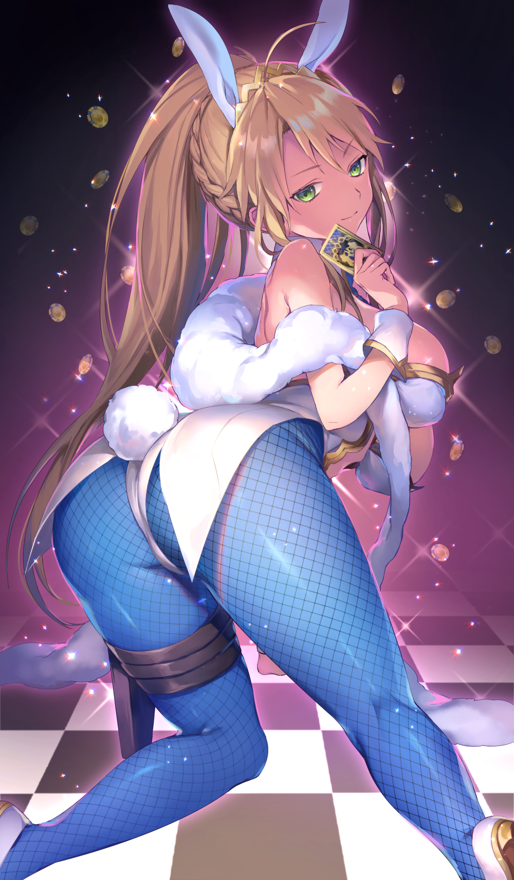 1girl animal_ears artoria_pendragon_(all) artoria_pendragon_(swimsuit_ruler)_(fate) ass bangs bare_shoulders blonde_hair blue_legwear blush braid breasts bunny_tail bunnysuit card checkered checkered_floor detached_collar fate/grand_order fate_(series) fishnet_pantyhose fishnets french_braid green_eyes hair_between_eyes highres kneeling large_breasts leotard long_hair looking_at_viewer pantyhose playing_card poker_chip ponytail rabbit_ears sidelocks smile solo sparkle tail thigh_strap thighs tiara vivivivi