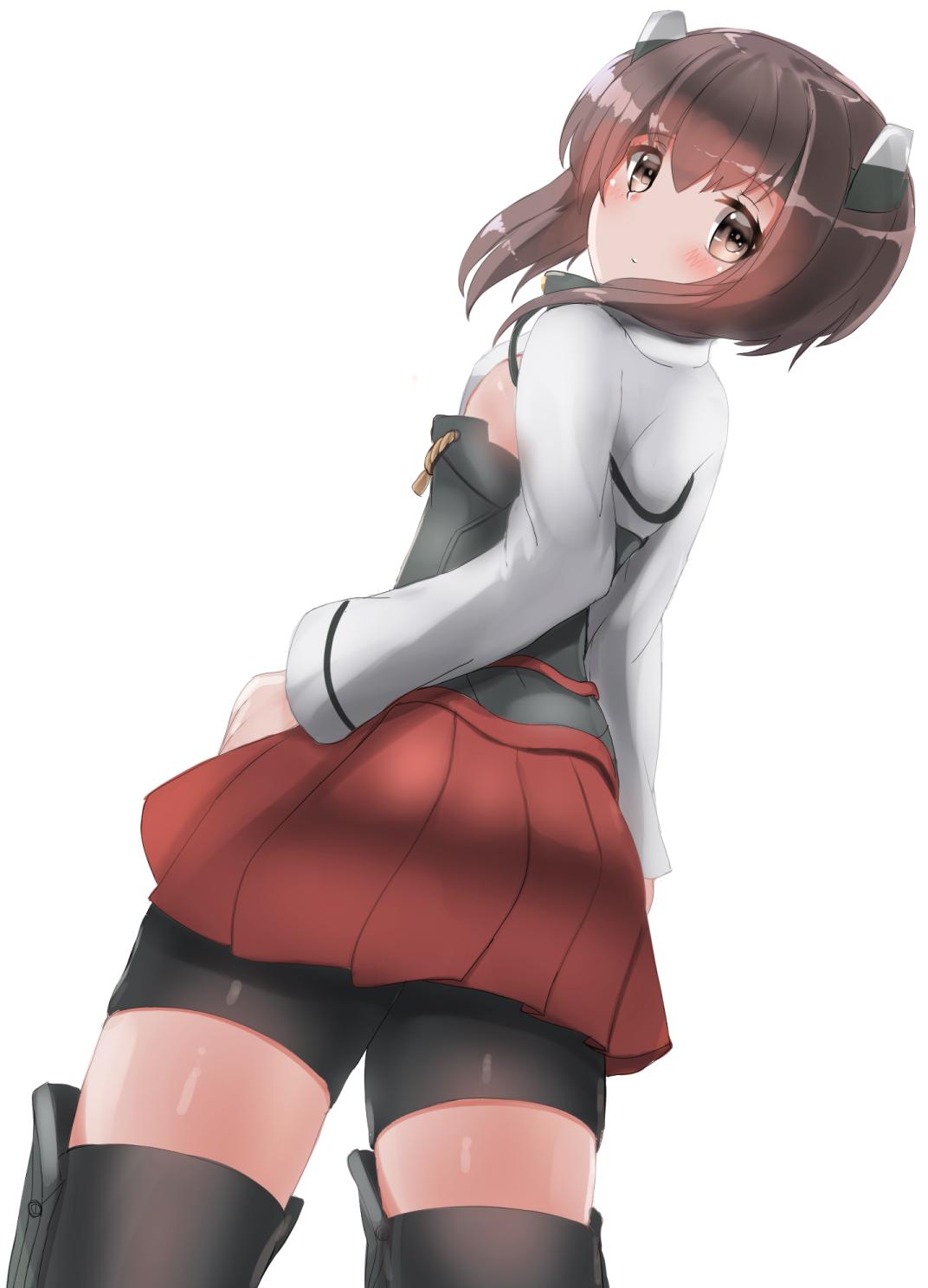 1girl ass bike_shorts bow_(weapon) breasts brown_eyes brown_hair cowboy_shot crossbow flat_chest from_behind headgear highres kantai_collection looking_at_viewer pleated_skirt red_skirt redundant-cat short_hair shorts shorts_under_skirt sideboob simple_background skirt small_breasts solo taihou_(kantai_collection) weapon white_background