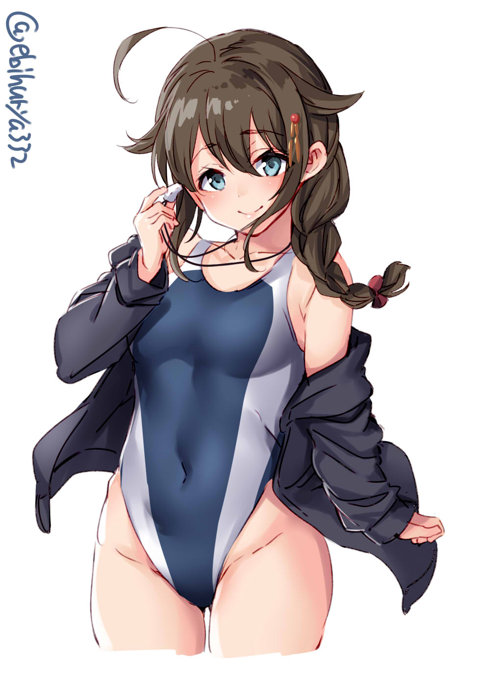 1girl ahoge alternate_costume arm_at_side bare_shoulders black_jacket blue_eyes blue_swimsuit braid breasts brown_hair collarbone competition_swimsuit covered_navel cowboy_shot ebifurya hair_flaps hair_ornament hair_over_shoulder hairclip highleg highleg_swimsuit highres jacket kantai_collection long_hair long_sleeves looking_at_viewer medium_breasts one-piece_swimsuit remodel_(kantai_collection) shigure_(kantai_collection) single_braid smile solo swimsuit thighs two-tone_swimsuit whistle whistle_around_neck