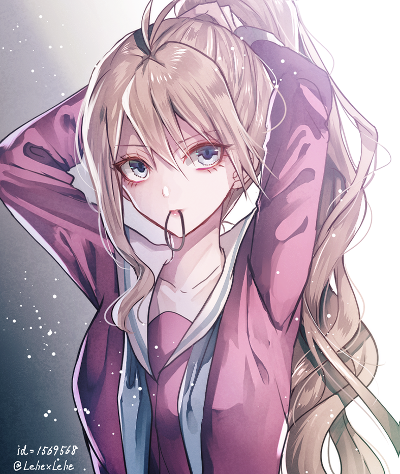 1girl antenna_hair arms_behind_head blonde_hair blue_eyes breasts collarbone commentary_request dangan_ronpa eyebrows_visible_through_hair hair_between_eyes hair_ornament_removed in_mouth iruma_miu long_hair long_sleeves looking_at_viewer medium_breasts new_dangan_ronpa_v3 pink_shirt ponytail shirt solo twitter_username z-epto_(chat-noir86)