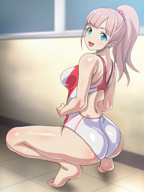 1girl aqua_eyes barefoot breasts competition_swimsuit eyebrows_visible_through_hair from_behind grey_hair long_hair looking_at_viewer looking_back medium_breasts monteriakitto one-piece_swimsuit original smile solo squatting swimsuit white_swimsuit